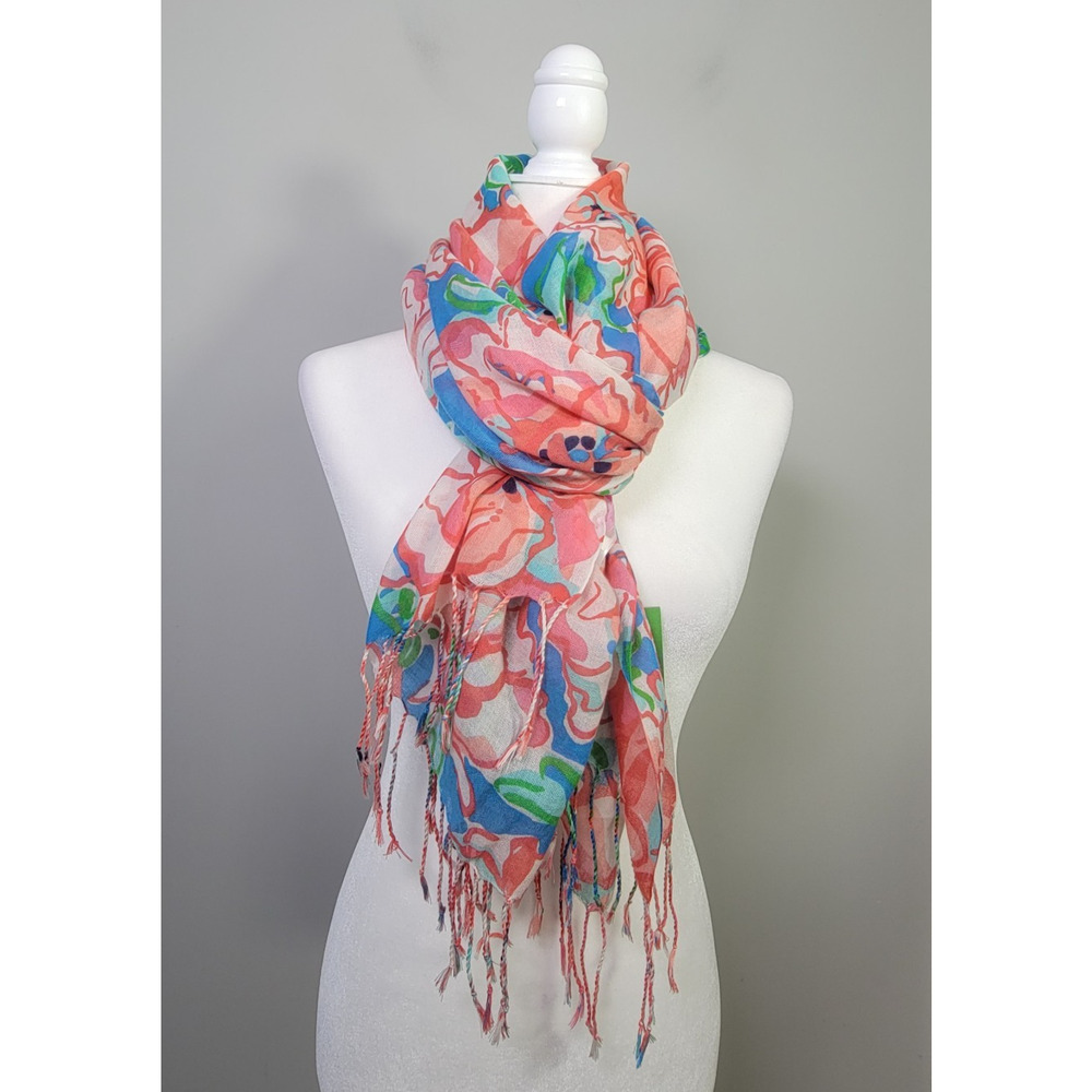 NWT Lilly Pulitzer Silk Cashmere Murfee Scarf Tassels Floral Coral Blue
